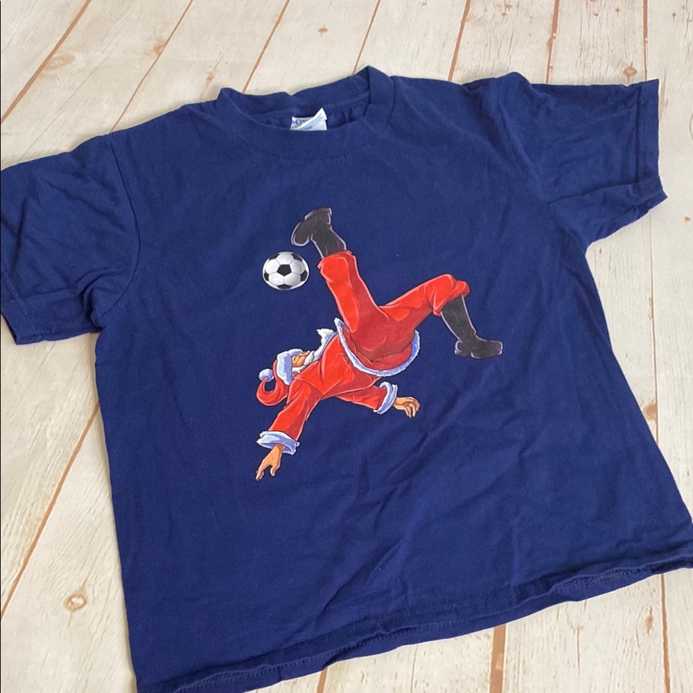 Port and Company Navy Blue Kids Shirt with Soccer Santa Design